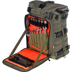 an open tool bag with tools in it