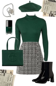 Green And Gold Outfit Classy, Posh Fashion, Sweater And Skirt, Design Moda, Classy Work Outfits, Stylish Work Outfits, Green Sweater