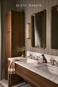 Sage green shiplap walls and a handcrafted wood double sink vanity define this elegant bathroom. Gold and vintage accents add a luxurious and charming touch to the space. Mid Century Modern Bathroom, Timeless Bathroom, Brown Bathroom, Classic Bathroom, Green Bathroom, Cool Rooms