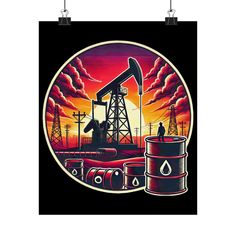 an oil pump and barrel with the sun setting in the background, on a black poster