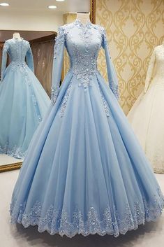 Puffy Prom Dress, Prom Dress Light Blue, Blue Prom Gown, Puffy Prom Dresses, डिजाइनर कपड़े, High Neck Prom Dress, Beautiful Ball Gowns, Formal Occasion Dress, Long Sleeve Prom