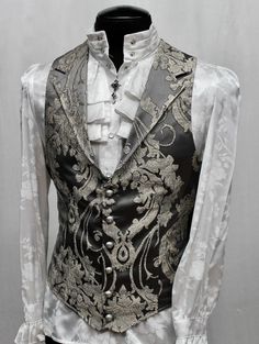 ARISTOCRAT VEST Grey Satin Brocade - Etsy Libya Victorian Formal Wear Men, Victorian Dress Men, Ball Outfits Men, Victorian Clothing Male, Aristocrat Vest, Monster Ocs, Gothic Fashion Men, Fantasy Ball, Victorian Men