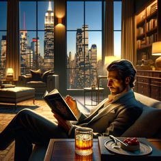 a man sitting on a couch reading a book in front of a cityscape