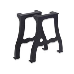 two black metal stools sitting next to each other on a white background, one is made out of wood and the other has an iron frame