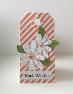 an orange and white striped gift bag with flowers on the tag that says best wishes