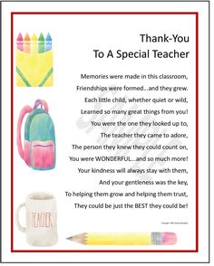 a teacher's thank card with pencils, backpack and coffee cup on it