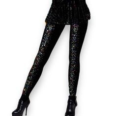 Bling Bling! Multicolor Rhinestone Tights placement on front only. Thicker, reusable tights! Choose between 2 colors! Darkest Black or Nude Spandex/Nylon Sizes: Small/Medium- Fits up to 145 pounds Fits up to 5ft 8 inches Large/XL- Fits up to 220 pounds Fits up to 6 ft 0 inches Details •Comfort tighter knitting in the front and extra stretch in the back • Flexible waistband designed to move with you• Built-in smoothing panty• Blackout Darkest Coverage - 100 Den Party Sequin Stretch Leggings, Party Tights With Rhinestones, Fitted Thigh-high Rhinestone Tights, Tight Footless Party Hosiery, Party Footless High Stretch Tights, High Stretch Footless Party Tights, High Stretch Footless Tights For Party, Party Tights With Rhinestones, Stretch, Party Tights With Rhinestones And Stretch Fit