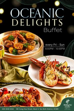 an advertisement for a buffet featuring seafood and wine