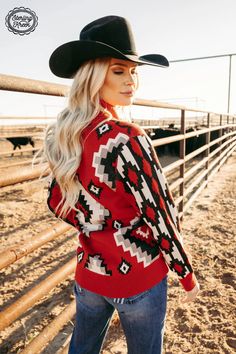 Vintage Vaquera Aztec Knit Cardigan ⚡Use code PIN15 at checkout for 15% off! ⚡ www.baharanchwesternwear.com #fallfashion #fall #fallweather #fallwesternoutfit #falloutfit #western #cowgirl #pullover #aztec #aztecprint #aztectop #fallwesternoutfit Vaquera Sweater, Duster Dress, Red Knit Sweater, Western Graphic Tees, Aztec Designs, Aztec Pattern, Chilly Weather, The Ranch, Go Ahead