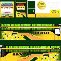 the back side of a bus that is green and yellow with grass growing on it