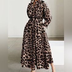 Leopard Print Maxi Dress, Casual Button Front Long Sleeve Dress, Women's Clothing This Leopard Print Maxi Dress Is A Stylish And Comfortable Addition To Any Woman's Wardrobe. With A Casual Button Front And Long Sleeves, It Can Be Dressed Up Or Down For Any Occasion. Made From High-Quality Materials, This Dress Is Not Only Fashionable But Also Durable And Long-Lasting. Perfect For Any Season, It Is A Must-Have For All Women's Clothing Collections. Shoulder 24.2 Bust 43.3 Inch Waist 38.2 Inch Leng Long Elegant Dress, Elegant Shirt Dress, Casual Beach Dress, Leopard Print Maxi Dress, Dress Item, Loose Shirt, Long Sleeve Casual Dress, Elegant Dresses Long, Dress Clothes