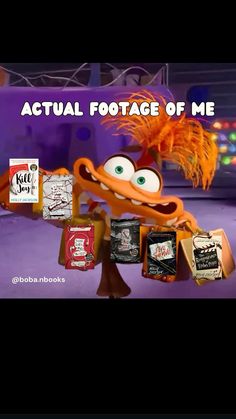 a cartoon character with lots of food on it's hands and the caption actual footage of me