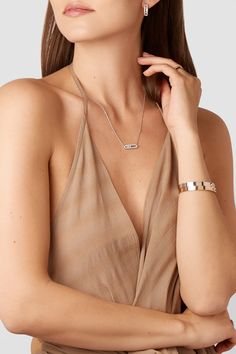 Messika's 'Move' collection is a favorite of Gigi Hadid - in fact, the model is such a big fan, she even collaborated with the brand to create her own version of the signature lineup. Recognized by its bezel-set diamonds that slide freely in a slender pavé-encrusted setting, this necklace is handcrafted from 18-karat white gold and stippled with four more shimmering stones along its delicate chain.  Each Messika piece comes with a two-year warranty, which is activated 28 days after purchase. To… Mens Accessories Necklace, Best Necklace, Necklace Guide, White Gold Diamond Necklace, Boyfriend Necklace, Mix Jewelry, Necklace Length Guide, Mens Jewelry Necklace, Druzy Necklace