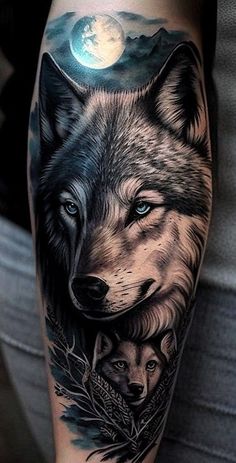 a woman's arm with a wolf tattoo on it and the moon in the background