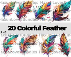 20 colorful feathers with watercolor effect