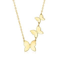 Ross-Simons - Italian 14kt Yellow Gold Butterfly Trio Necklace. 18". Such a sweet style, this 14kt yellow gold necklace features a trio of butterflies centered on and fluttering along a classic cable chain with a 2" extender. Graduates from 3/16" to 1/4" wide. Made in Italy. Springring clasp, 14kt yellow gold butterfly trio necklace. Jewelry 2024, Trio Necklace, Fine Jewelery, Yellow Gold Necklace, Gold Butterfly, Butterfly Necklace, Sweet Style, Fine Jewellery Necklace, Cable Chain