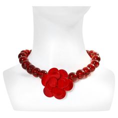 Vintage Gripoix Red MDV Paris Flower Necklace. This necklace is so spectacular. The flower is like the Chanel Camelia. This just oozes class. Something about this is just so special once it is on. May not have much curb appeal but it comes alive once on. You can wear it with a white T-shirt and jeans or with a ball gown. The length is from 16"-19". The beads are about .75" W. The red flower is 2.25" x 2.25". Formal Red Flower Necklace, Red Flower-shaped Evening Jewelry, Red Flower Jewelry For Evening, Elegant Red Flower Necklace, Paris Vintage, T Shirt And Jeans, Red Flower, Flower Necklace, White T Shirt