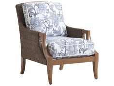 an outdoor chair with blue and white fabric on it's armrests, sitting in front of a white background