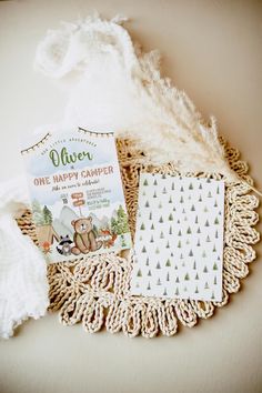 a crocheted doily with an envelope and other items