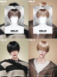 four different hairstyles for men with short hair and bangs, all in various styles