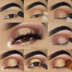 Makeup Tutorial For Brown Eyes, Glitter Eye Makeup Tutorial, Gold Glitter Eye Makeup, Eyeshadow Tutorial For Beginners, Make Up Designs, Eyeliner Tips, Makeup Secret, Glitter Eye Makeup