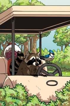 a raccoon is sitting in the driver's seat of a golf cart