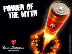 a can of energy drink with flames coming out of it and the words power of fire myth