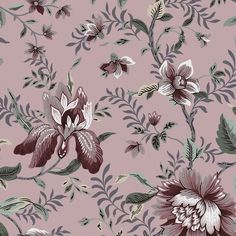 a pink floral wallpaper with purple and white flowers