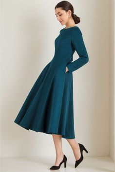 Wool Dress, Fit&flare Wool Dress, Swing Dress Women, Spring/winter/fall Dress, Long Sleeve Crew Neckline Pleated Dress, Vintage Dress 2436 - Etsy Wool Dress Outfit, Fall Winter Dresses, Fall Dress, Dress Long Sleeve, Wool Dress, Style Expert, Dress Vintage, Vintage Dress, Dress Long