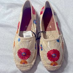 New! Never Worn! Beautiful Floral Embroidered Espadrilles These Beautiful Shoes Have Only Been Tried On. No Box! Note: (A Little Bit Of Peeling On Inside Of The Left Shoe Due To My Child Picking It With Her Nails.) Textile Upper Round Toe Slip-On Style Textile Lining Rubber Soles Embroidered Detail Please Note: Fits True To Size. Embroidered Slip-on Espadrilles For Beach, Spring Embroidered Closed Toe Espadrilles, Embroidered Closed Toe Espadrilles For Spring, Embroidered Closed Toe Espadrilles For Summer, Spring Embroidered Slip-on Espadrilles, Embroidered Slip-on Espadrilles For Spring, Spring Embroidered Round Toe Espadrilles, Embroidered Espadrilles For Summer Beach, Summer Embroidered Espadrilles With Round Toe