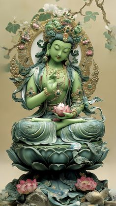 a green statue sitting on top of a lush green plant