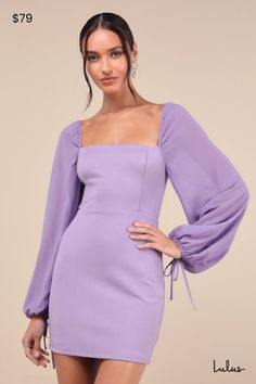 You're sure to sweep them off their feet every time when you're wearing the Lulus Delightful Love Lavender Lace-Up Balloon Sleeve Mini Dress! Stretchy, midweight crepe knit fabric shapes this darling dress that has long, semi-sheer sleeves with elastic at the shoulders and cuffs with functional drawstring details. Fitted bodice features a square neckline and a flattering, seamed design with a sultry lace-up back. Bodycon skirt finishes at a mini hem. Hidden zipper/clasp at back. Fit: This garmen Midi Homecoming Dresses, Homecoming Dresses Bodycon, Yellow Homecoming Dresses, Orange Homecoming Dresses, Homecoming Dresses Corset, Strapless Homecoming Dresses, Purple Homecoming Dress, Long Sleeve Homecoming Dresses, Green Homecoming Dresses