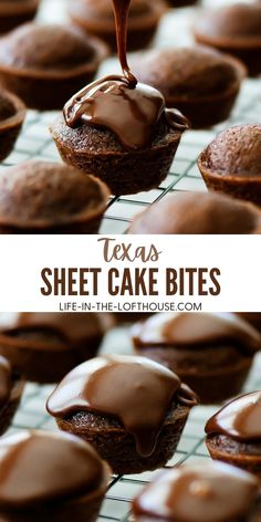 chocolate texas sheet cake bites are sitting on a cooling rack and being drizzled with chocolate