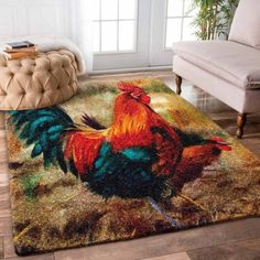 a rug with a rooster on it in a living room