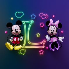 two mickey and minnie mouses with the letter l in front of them on a purple background