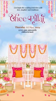 an event poster with chairs and tables in the middle, flowers hanging from the ceiling