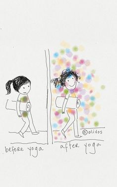 two children are doing yoga in front of a wall with colorful dots and the words before yoga after yoga