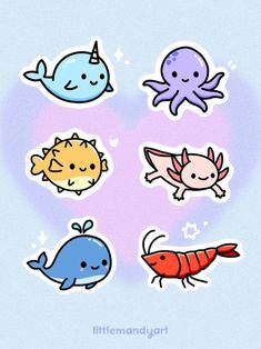 an image of cute stickers in the shape of animals and fish on a blue background