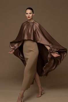 Description Brown Fitted, Midi dress Sleeveless Closed neckline Crepe, Satin Dry Clean Made in Spain SKU ISSIGLIO Isabel Sanchis, Exclusive Gowns, Cape Pattern, Crochet Shrug Pattern, Cape Wedding Dress, Bridal Cape, Cape Sleeves, Womens Clothes, Spot Light