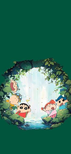 cartoon characters in the jungle looking out from behind some trees and water with leaves on them