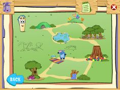 a cartoon map with animals and trees in the background, on a wooden frame that says back to school