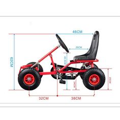 an image of a red three wheeled go kart with the seat down and measurements