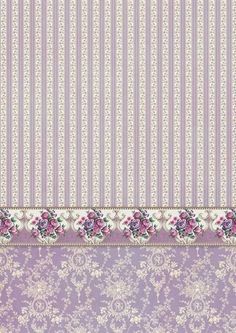 a purple and white striped wallpaper with pink flowers on the border, in an ornate pattern