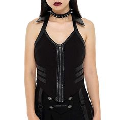 Brand New With Tags Still Attached. Killstar Halter Top In Black. Features Super Stretch Woven Fabric For A Body Hugging Fit, A Low Neckline, Faux Leather Accents, & A Zip Up Front. Sexy & Fitted. See Pictures For Details. Size Small. Fits True To Size. Material: 72% Rayon 25% Nylon 2% Elastane *Sold Out On The Killstar Website* Tags: Punk Goth Cute Sexy Zipper Anita Ammo Halter Neck Corset, Baseball Shirt Designs, Neck Corset, Gothic Shirts, Witchy Fashion, Velvet Shirt, Concert Fits, Biker Chick, Long Sleeve Striped Top