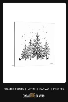 a black and white christmas card with trees