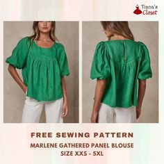 a woman wearing a green blouse and white pants, with the text free sewing pattern