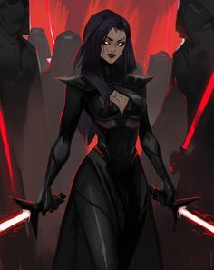 a woman dressed in black holding two swords and standing next to other people with red lights behind her