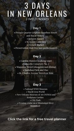 an advertisement for the 3 days in new orleans with a train on it's tracks