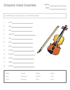 the worksheet for orchestra word scramble is shown with violin and bow on it