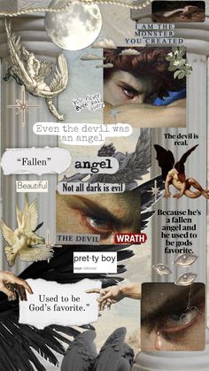 the collage shows different types of birds and words on it's side, including an angel